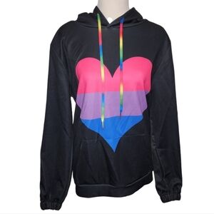 Boutique Womans LARGE Hoodie Black Rainbow Heart Back & Front Casual School NWOT